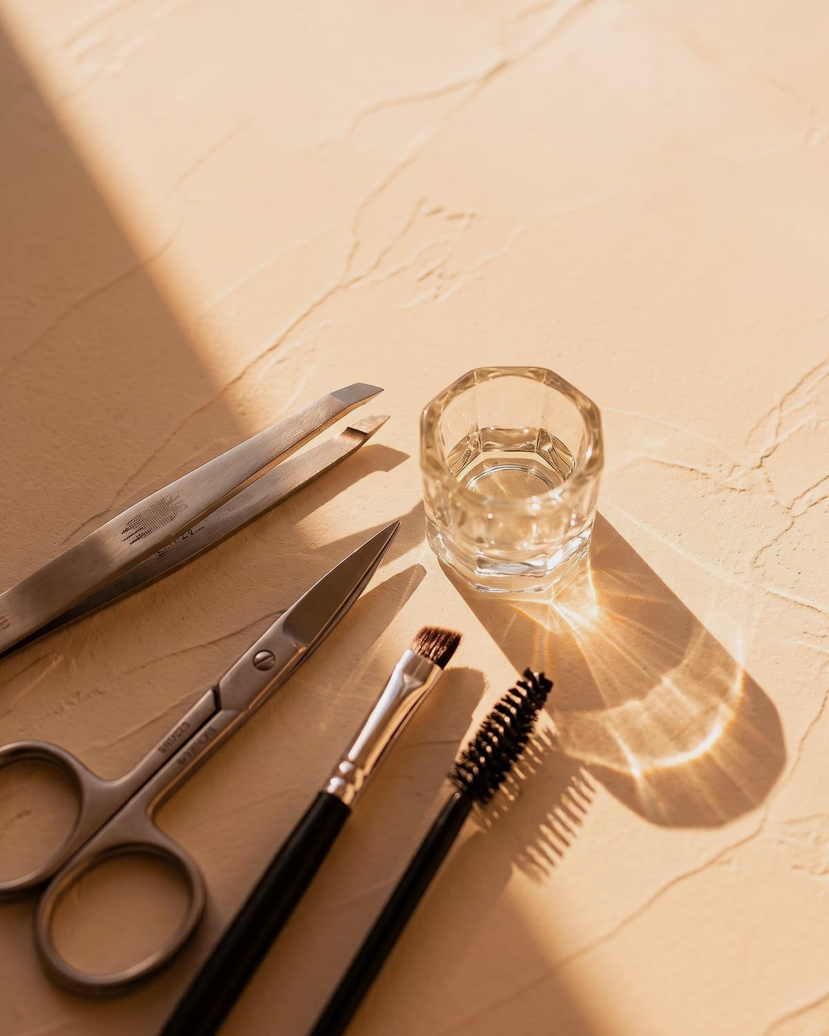 A still life of eyebrow grooming tools -- scissors, tweezers, an angled brow brush, and a spoolie -- beside a glass dish in warm side light
